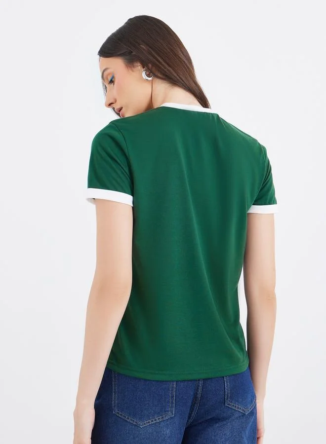Styli Styli Women Dark Green Slogan Print Regular Fit T-Shirt with Contrast Trim