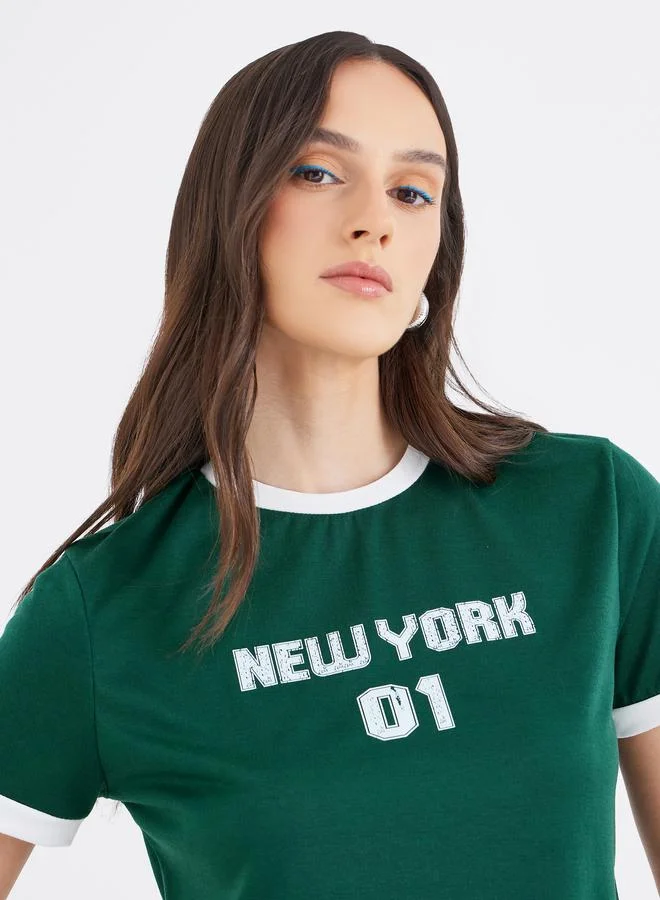 Styli Styli Women Dark Green Slogan Print Regular Fit T-Shirt with Contrast Trim