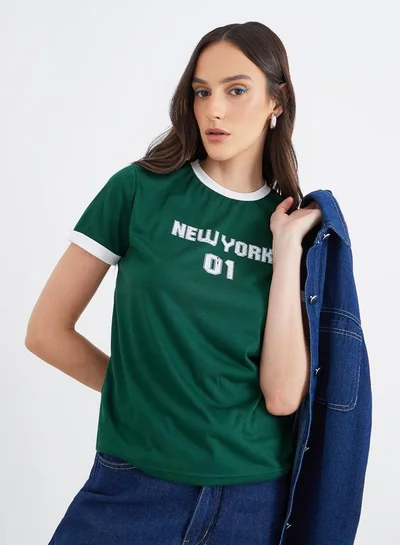 Styli Styli Women Dark Green Slogan Print Regular Fit T-Shirt with Contrast Trim
