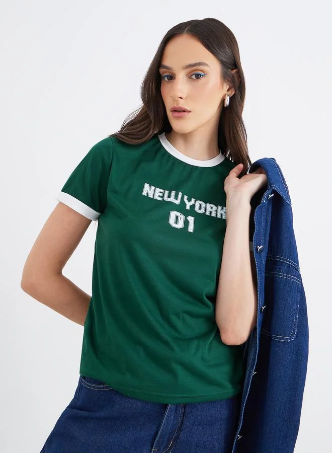 Styli Women Dark Green Slogan Print Regular Fit T-Shirt with Contrast Trim