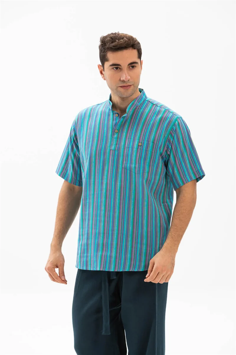 Eliş Şile Bezi Short Sleeve Şile Cloth Single Pocket Judge Collar Men's Tshirt Turquoise Striped 3071