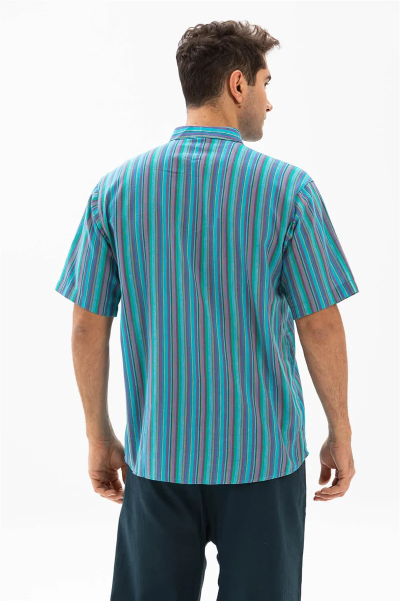 Eliş Şile Bezi Short Sleeve Şile Cloth Single Pocket Judge Collar Men's Tshirt Turquoise Striped 3071