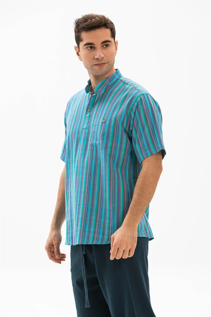 Eliş Şile Bezi Short Sleeve Şile Cloth Single Pocket Judge Collar Men's Tshirt Turquoise Striped 3071