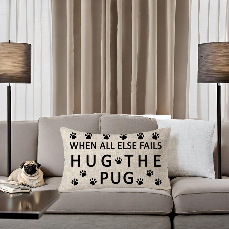 FELENIW When All Else Fails Hug The Pug Family Friends Dog paw Print pet Gift Lumbar Throw Pillow Cover Cushion Case Cotton Linen Material Decorative 12" x 20'' inches (C) - Image 2