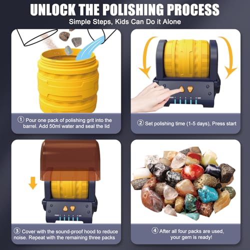 Fistone Rock Tumbler Kit NoiseReducing Rock Polisher for Kids Adults 5Day Timer Great STEM Gift for Young Rock Collectors Geology Enthusiasts - Image 5