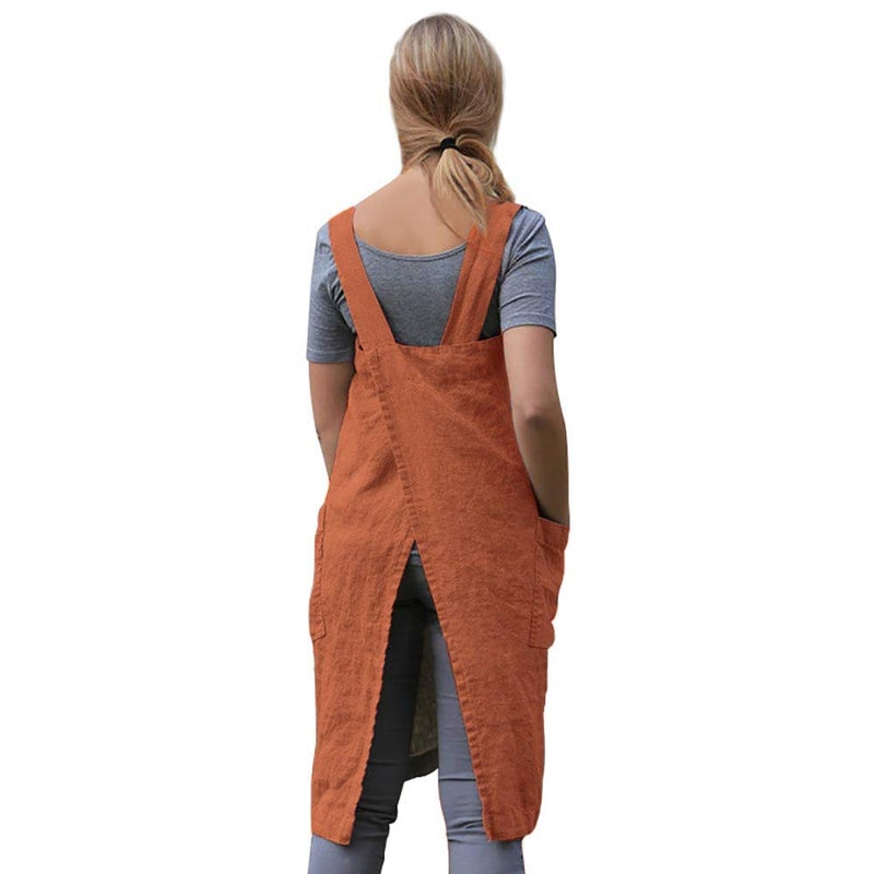 Larmliss Women 's Pinafore Square Apron Baking Cooking Gardening Works Cross Back Cotton/Linen Blend Dress with 2 Pockets Orange-XL - Image 5