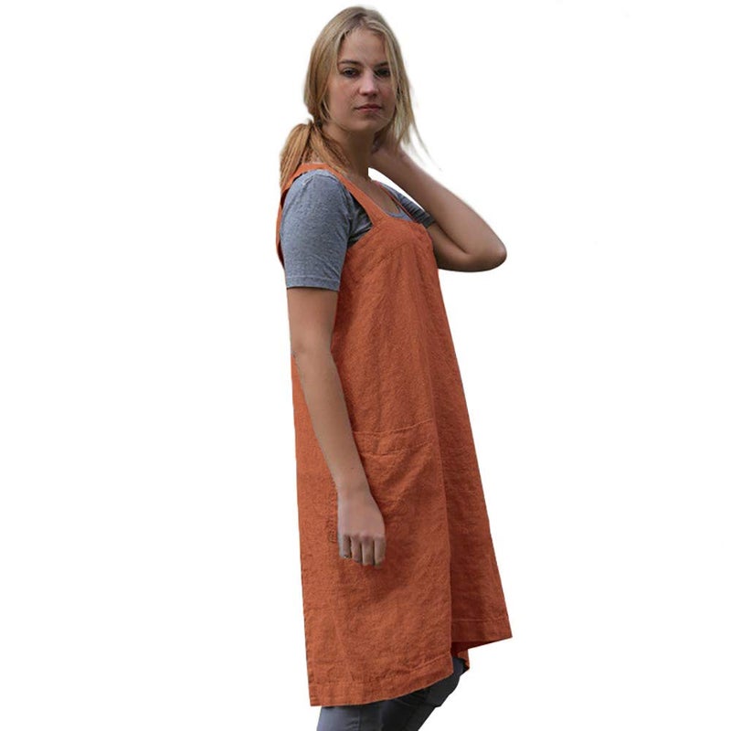 Larmliss Women 's Pinafore Square Apron Baking Cooking Gardening Works Cross Back Cotton/Linen Blend Dress with 2 Pockets Orange-XL - Image 4
