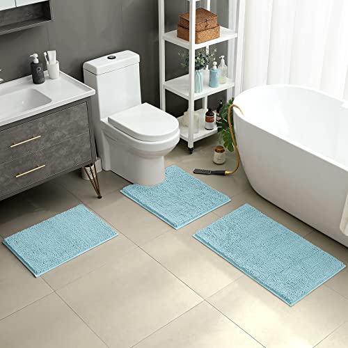 HOMEIDEAS 3 Pieces Bathroom Rugs Ultra Soft Non Slip Absorbent Chenille Toilet Bath Mat Set Light Blue - Image 3