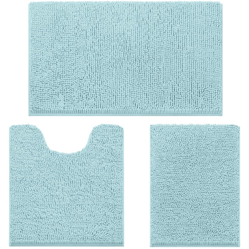 HOMEIDEAS 3 Pieces Bathroom Rugs Ultra Soft Non Slip Absorbent Chenille Toilet Bath Mat Set Light Blue - Image 2