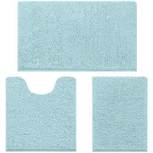 HOMEIDEAS 3 Pieces Bathroom Rugs Ultra Soft Non Slip Absorbent Chenille Toilet Bath Mat Set Light Blue - Image 1