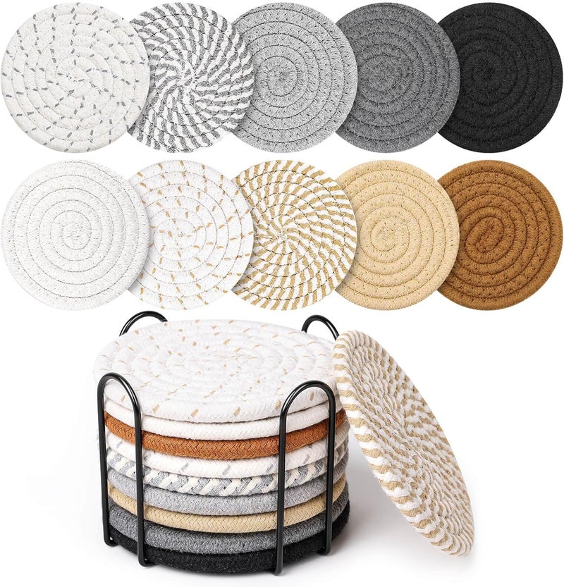 Billbotk 10 Pieces Coasters for Drinks, 10 Colors Absorbent Drink Coasters with Holder, Table Coaster Set for Home Decor, Apartment Decor Aesthetic, Living Room Essentials, 4.3 Inches - Image 1