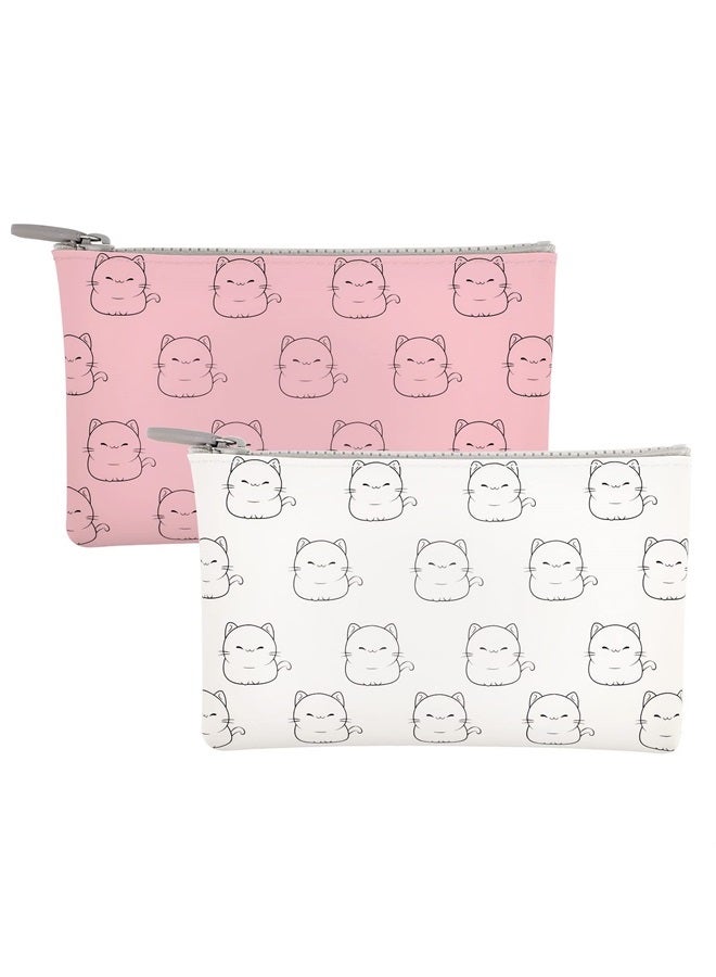Manmihealth Cute Cat Silicone Makeup Bag for Travel, Travel Cosmetic Bag for Women, Zipper Purse Pouch for Essential Personal Items, Portable Storage Organizer Bag 2 Pack (White+ Pink) - Image 1