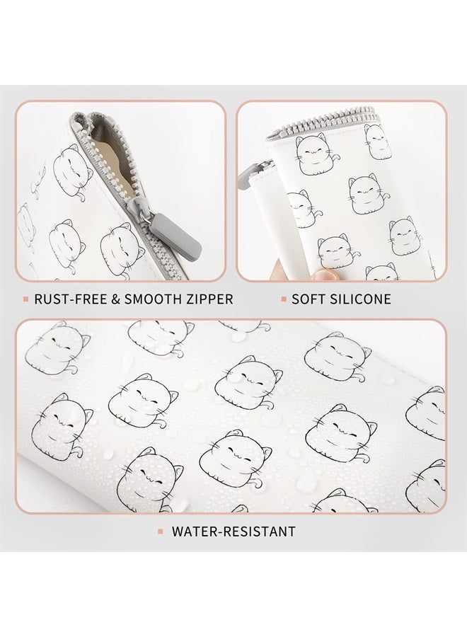 Manmihealth Cute Cat Silicone Makeup Bag for Travel, Travel Cosmetic Bag for Women, Zipper Purse Pouch for Essential Personal Items, Portable Storage Organizer Bag 2 Pack (White+ Pink) - Image 2