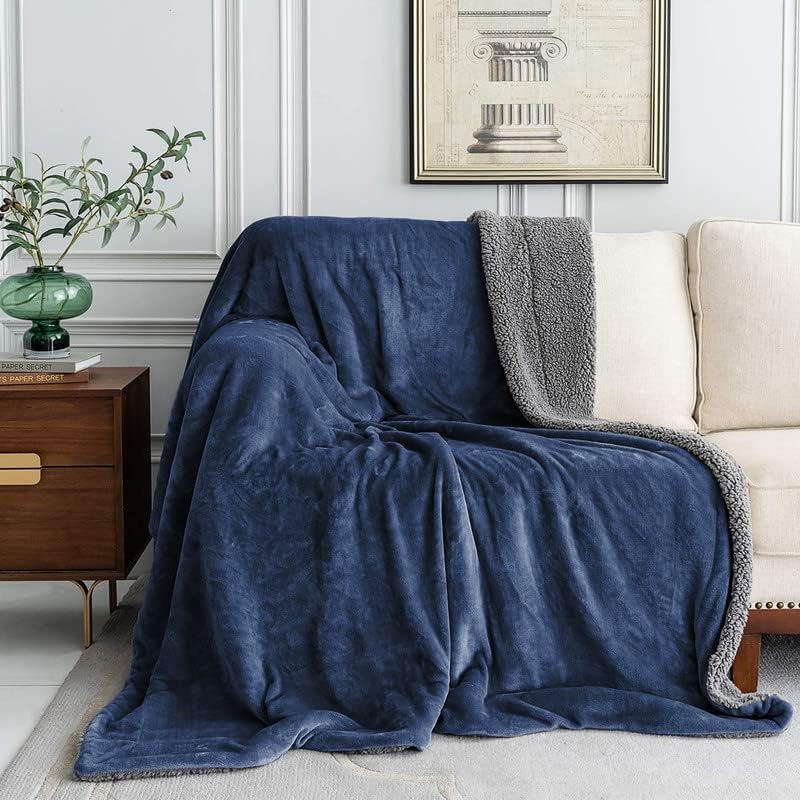 Goyal's Ultra Soft Flannel Sherpa Blanket for AC Room, Mild & Heavy Winter Use | Single Bed Reversible Plush 500GSM Blanket 55 x 90 Inches | Thick Warm Cozy Dual Layer Microfibre Throw - Navy & Grey - Image 2
