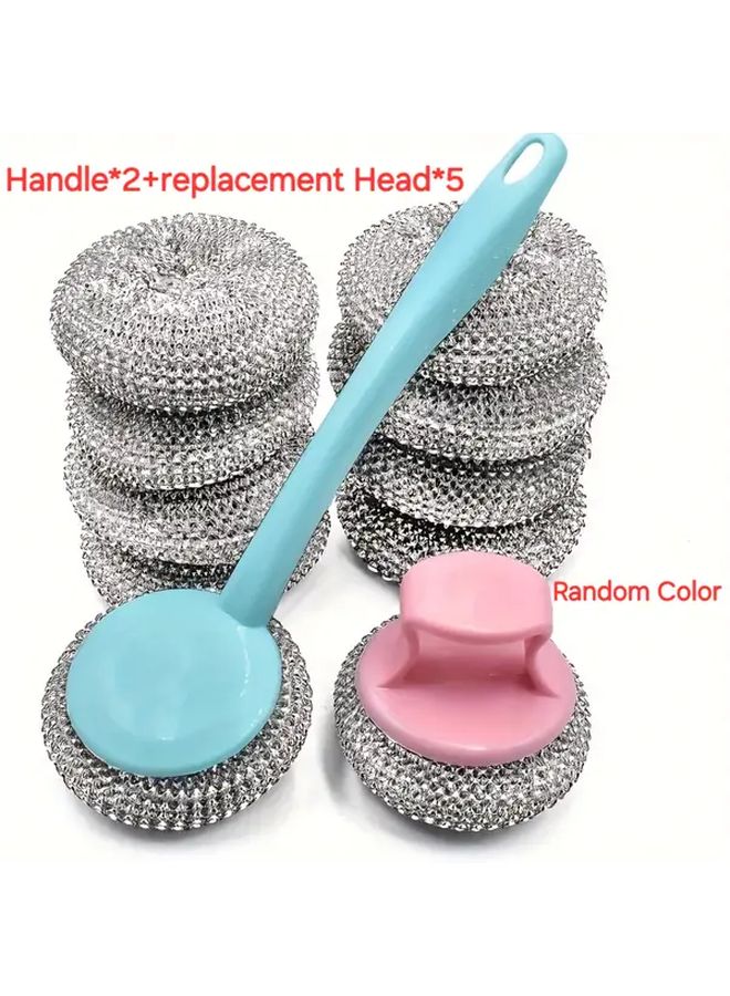 7Pcs Heavy Duty Stainless Steel Brush Set 5 Replaceable Heads 2 Handles Random Color - Image 1