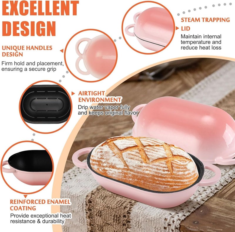 NSIRONS Enameled Cast Iron Sourdough Bread Oven, 2.5 QT Loaf Cast Iron Bread Pan with Lid, Oval Dutch Oven for Homemade Bread Baking, Meatloaf Pan with Lid (Pink) - Image 4