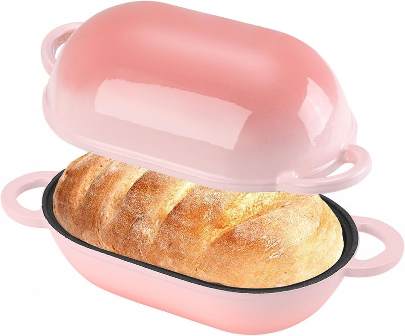 NSIRONS Enameled Cast Iron Sourdough Bread Oven, 2.5 QT Loaf Cast Iron Bread Pan with Lid, Oval Dutch Oven for Homemade Bread Baking, Meatloaf Pan with Lid (Pink) - Image 1