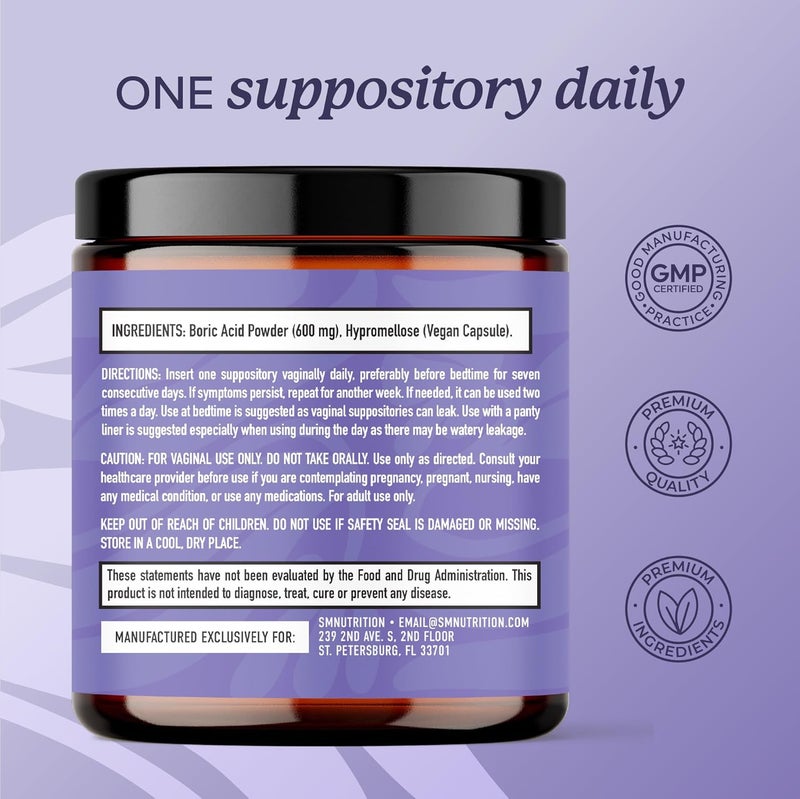 SMNutrition تحاميل حمض البوريك للنساء 600 ملغ توازن الرقم الهيدروجيني رائحة المهبل الحكة دعم النظافة النسائية صحة حمض البوريك للنساء تحاميل مهبلية خالية من العطور نباتية 30 حبة - Image 4