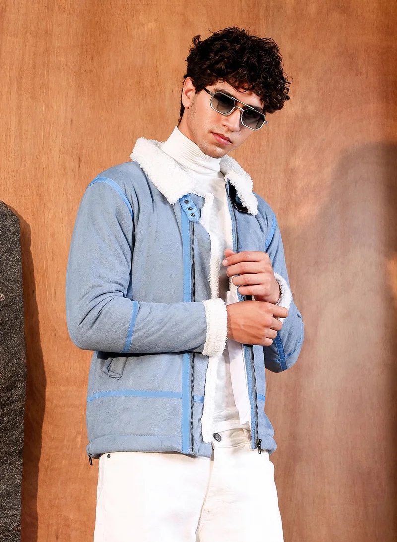 Campus Sutra Men's Powder Blue Contrast Sherpa-Lined Suede Rider Jacket | Point Collar , Sherpa-Lined Sleeves , Zipper Closure , Straight Hem | Solid Textured For Casual & Daily Wear