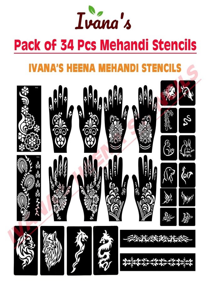 إيفاناز مجموعة إيفانا المكونة من 34 قطعة من قوالب الحناء القابلة لإعادة الاستخدام لليدين والمعصم والجسم والظهر والرقبة والوجه، عبوة كومبو من القوالب للنساء والفتيات والأطفال، سهلة الاستخدام في 4 خطوات فقط، مجموعة تصميم هندي، A2069 - Image 3