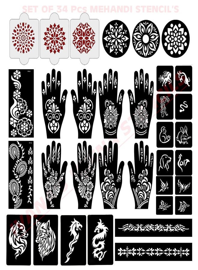 إيفاناز مجموعة إيفانا المكونة من 34 قطعة من قوالب الحناء القابلة لإعادة الاستخدام لليدين والمعصم والجسم والظهر والرقبة والوجه، عبوة كومبو من القوالب للنساء والفتيات والأطفال، سهلة الاستخدام في 4 خطوات فقط، مجموعة تصميم هندي، A2069 - Image 1
