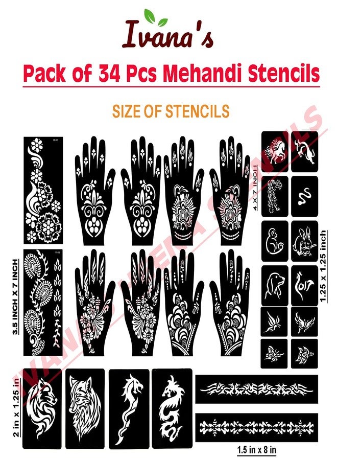 إيفاناز مجموعة إيفانا المكونة من 34 قطعة من قوالب الحناء القابلة لإعادة الاستخدام لليدين والمعصم والجسم والظهر والرقبة والوجه، عبوة كومبو من القوالب للنساء والفتيات والأطفال، سهلة الاستخدام في 4 خطوات فقط، مجموعة تصميم هندي، A2069 - Image 4