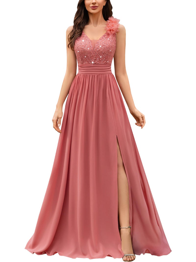 Miusol Women's Vintage V-Neck Sleeveless Sequined Split Formal Evening Maxi Dress (X-Large, Cinnamon Pink) - Image 1