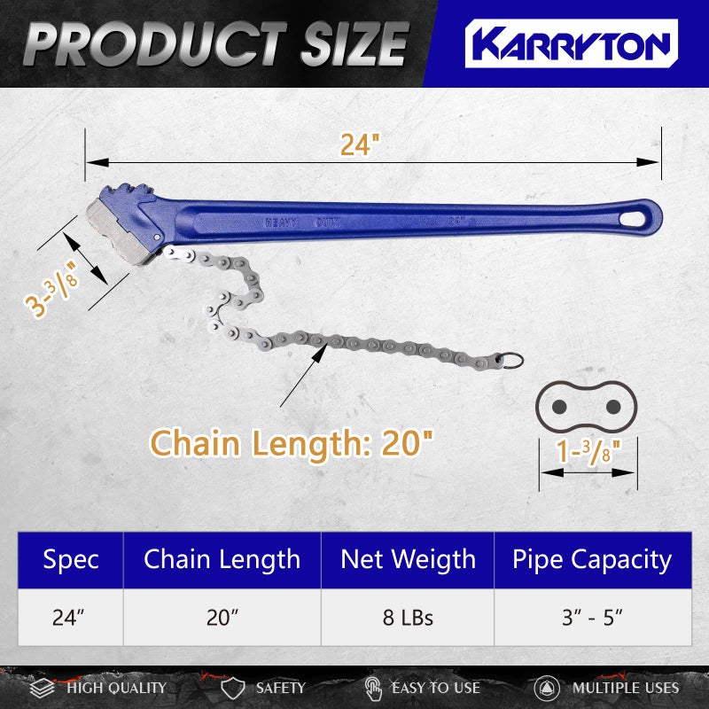 KARRYTON 24" Chain Pipe Wrench 3" - 5" Pipe Diameters, 20 1/4 Inch Chain Length Max Breaking Load 11000Lbs, Heavy Duty Plumbing Tool for Pipe Installation, Oil Fields Operations and Maintenance - Image 2
