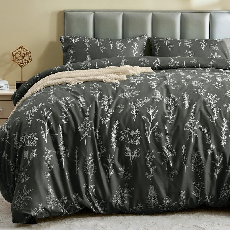 MUXHOMO Duvet Cover King Size Reversible Floral Dark Grey Duvet Cover Set with Zipper Closure 3 Pieces Botanical Patterns Soft Microfiber Bedding Set 90x104 2 Pillow Cases 2036
