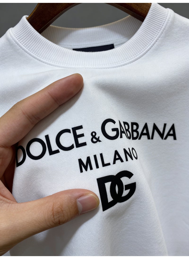 D&G DOLCE & GABBANA D&G White Crew Neck Sweatshirt - Black Logo Print, Premium Cotton Blend, Relaxed Fit, Luxury Casual Top for Daily & Street Styling - Image 2