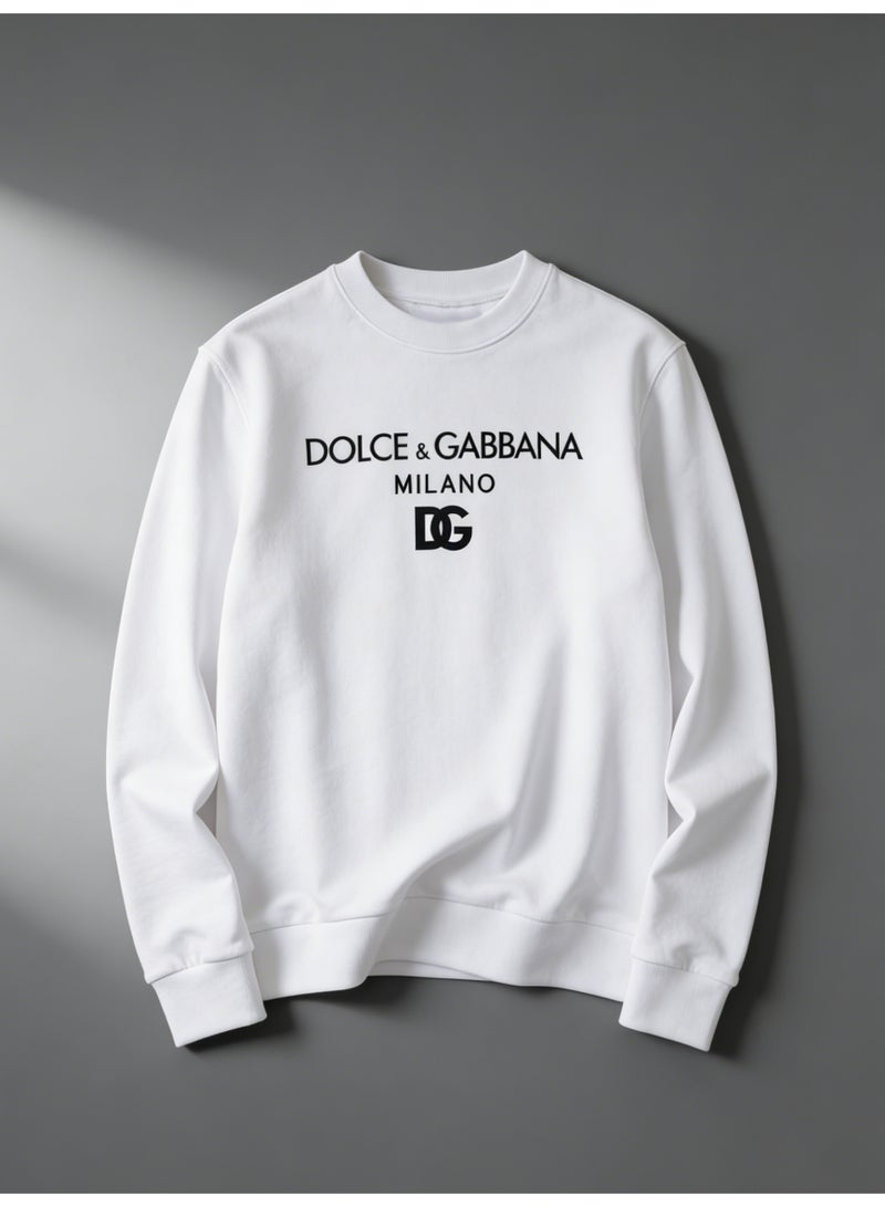 D&G DOLCE & GABBANA D&G White Crew Neck Sweatshirt - Black Logo Print, Premium Cotton Blend, Relaxed Fit, Luxury Casual Top for Daily & Street Styling - Image 1
