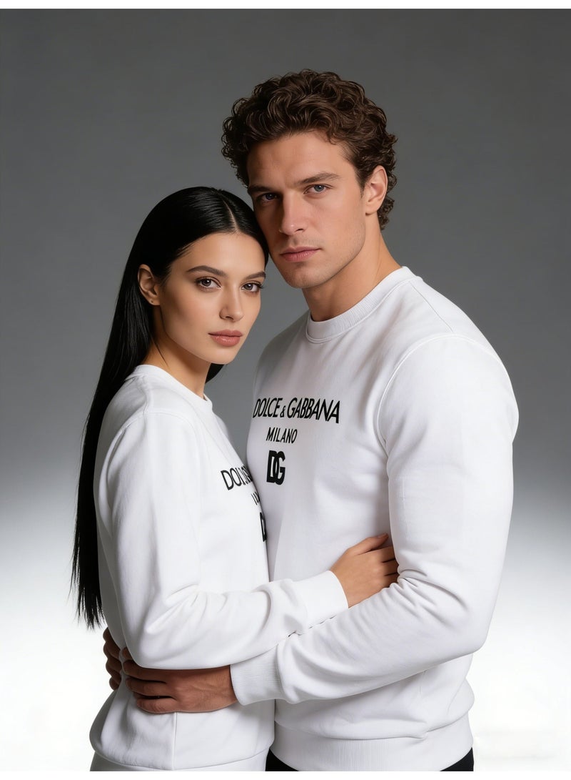 D&G DOLCE & GABBANA D&G White Crew Neck Sweatshirt - Black Logo Print, Premium Cotton Blend, Relaxed Fit, Luxury Casual Top for Daily & Street Styling - Image 3