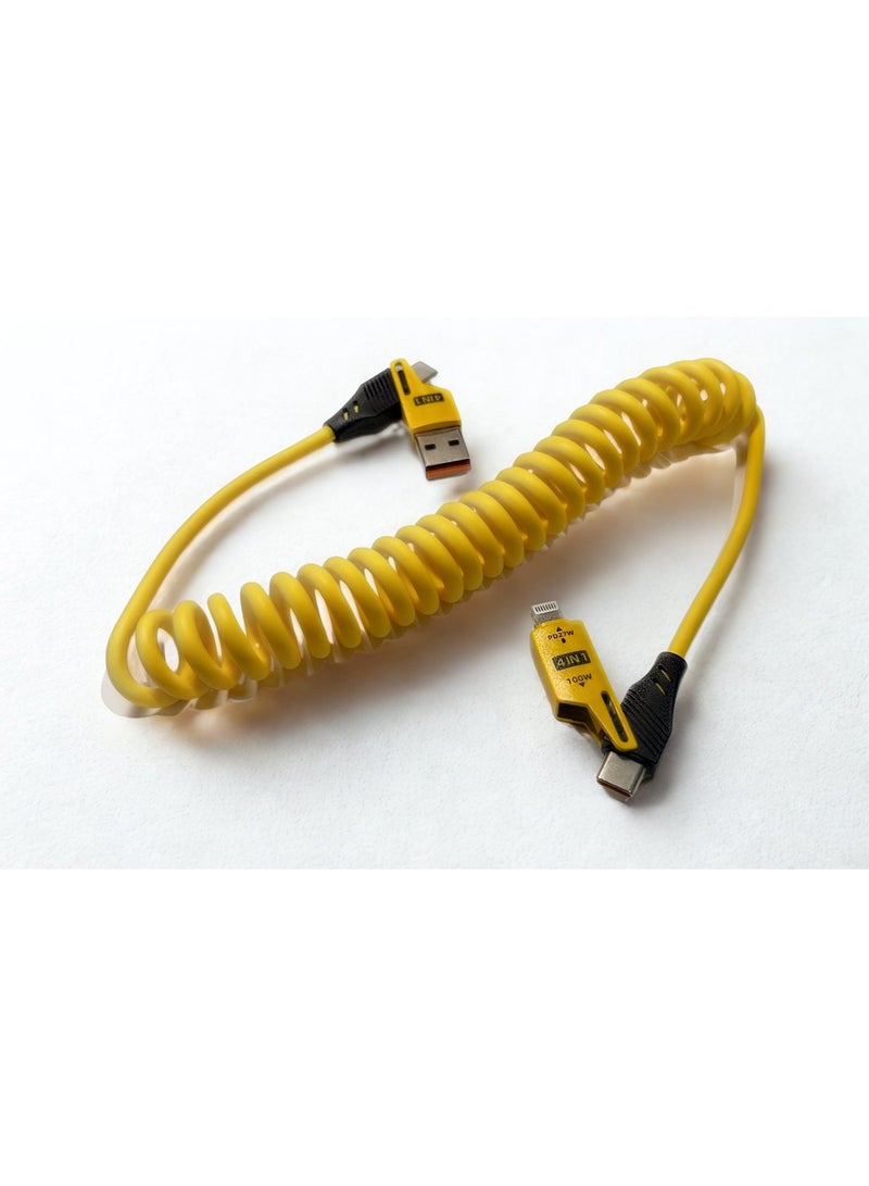 65W Fast Charging Spring Cable (Yellow 1.5 m) | Coiled USB-C / USB-A to USB-C / lightening | Dual Interface | Premium Elastic Nylon | Perfect for Car & Desk Use - Image 4