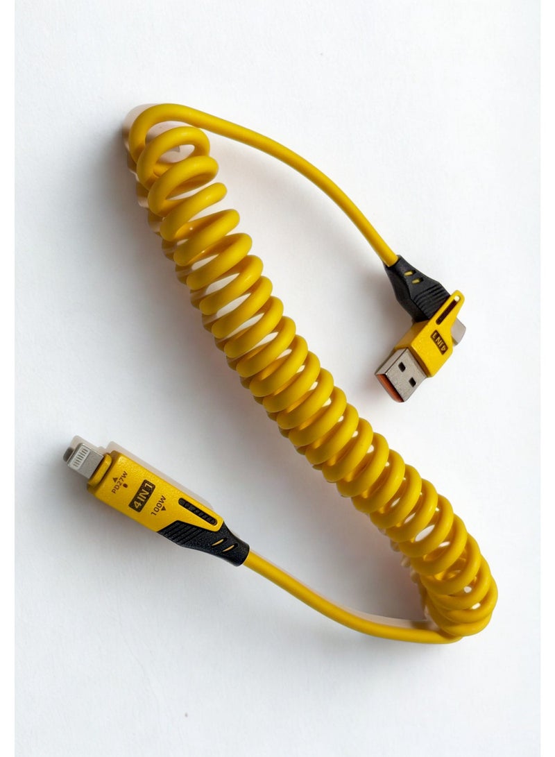65W Fast Charging Spring Cable (Yellow 1.5 m) | Coiled USB-C / USB-A to USB-C / lightening | Dual Interface | Premium Elastic Nylon | Perfect for Car & Desk Use - Image 3