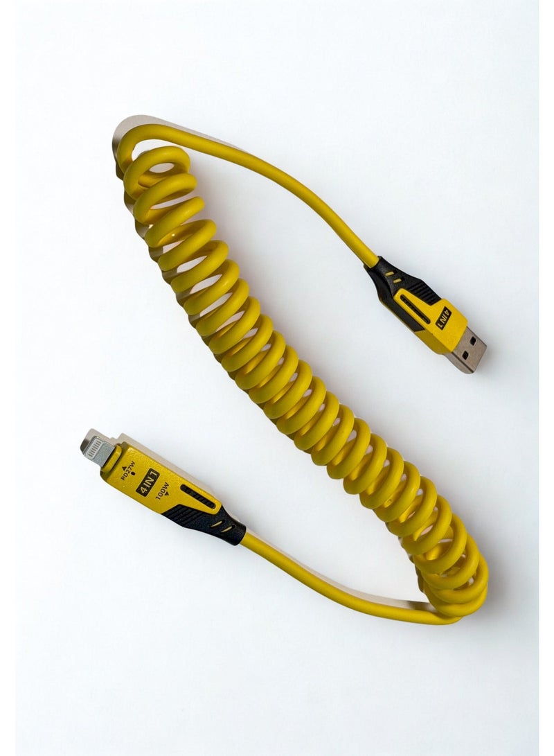 65W Fast Charging Spring Cable (Yellow 1.5 m) | Coiled USB-C / USB-A to USB-C / lightening | Dual Interface | Premium Elastic Nylon | Perfect for Car & Desk Use - Image 2