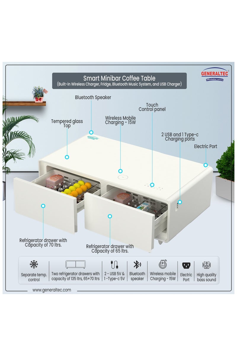 Generaltec Smart Refrigerator and Digital Music Table, Bluetooth/USB Speaker, Tempered Glass, Touch Control, Dual USB Charging, 135L (65L+70L) Capacity, Wireless Mobile Charging 15W, Electric Ports, with RGB lights 140 W GMBST3WT White - Image 2