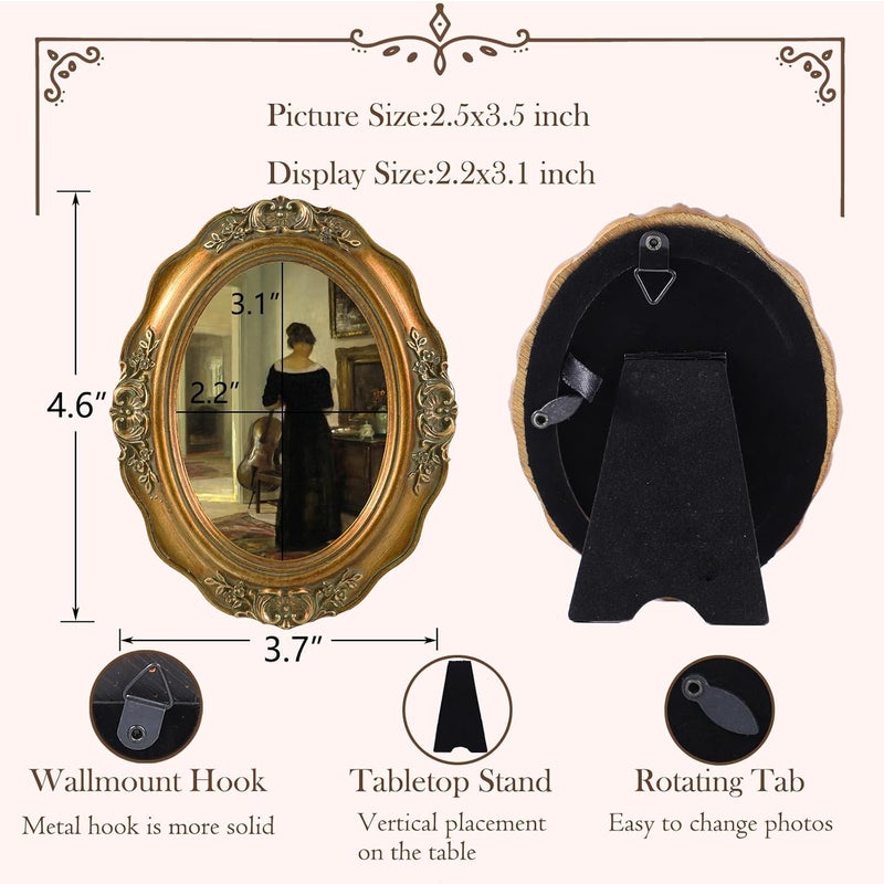 SIKOO Vintage Picture Frames 2.5x3.5 Small Antique Oval Picture Frame Tabletop and Wall Mount Vintage Mini Wall Decor Bronze Gold - Image 5