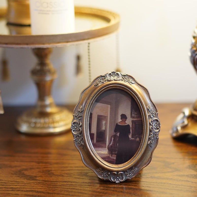 SIKOO Vintage Picture Frames 2.5x3.5 Small Antique Oval Picture Frame Tabletop and Wall Mount Vintage Mini Wall Decor Bronze Gold - Image 2