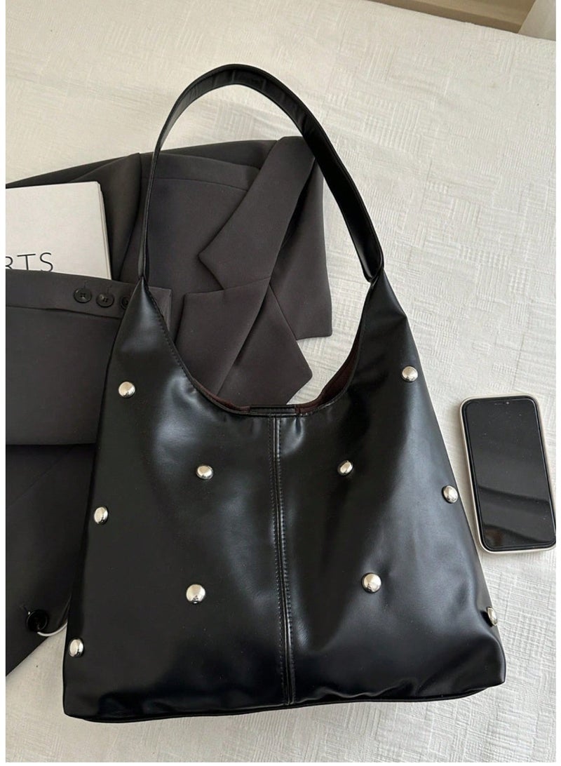 SHEIN Fashion Matte Solid Color Punk Rivet Commuter Tote Bag, Minimalist Niche Underarm Bag, Stylish Large Capacity Shoulder Bag , Goth - Image 4