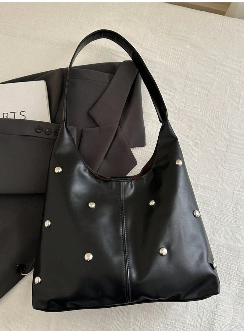SHEIN Fashion Matte Solid Color Punk Rivet Commuter Tote Bag, Minimalist Niche Underarm Bag, Stylish Large Capacity Shoulder Bag , Goth - Image 5