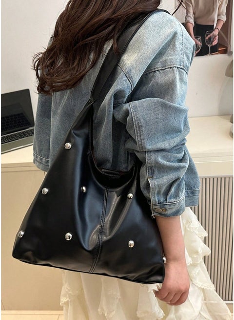SHEIN Fashion Matte Solid Color Punk Rivet Commuter Tote Bag, Minimalist Niche Underarm Bag, Stylish Large Capacity Shoulder Bag , Goth