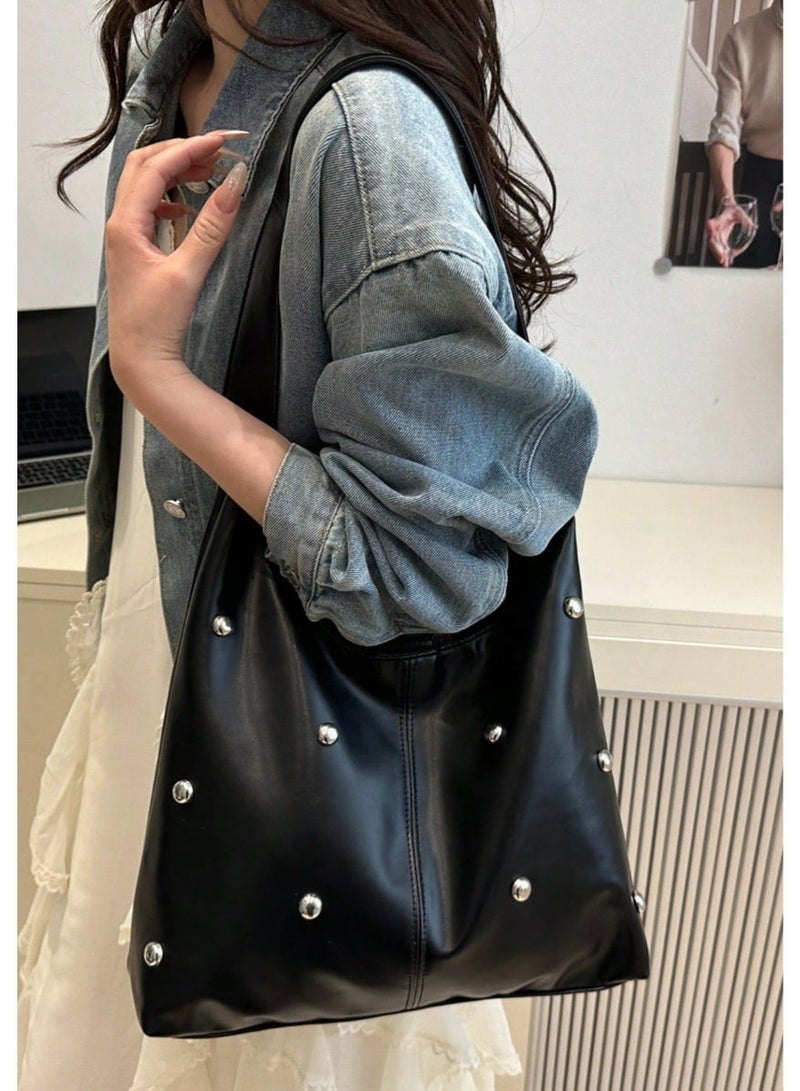 SHEIN Fashion Matte Solid Color Punk Rivet Commuter Tote Bag, Minimalist Niche Underarm Bag, Stylish Large Capacity Shoulder Bag , Goth - Image 2