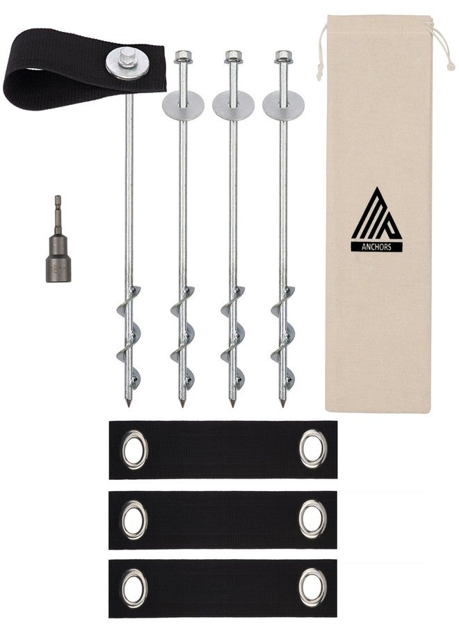 MightyPhine Trampoline Anchors High Wind Heavy Duty 12" Set of 4/6/8 with Straps, Drill Bit - Trampoline Anchor Kit - Trampoline Stakes Anchors High Wind - Ground Anchors - Trampoline Wind Stakes - Ground Stakes - Image 1
