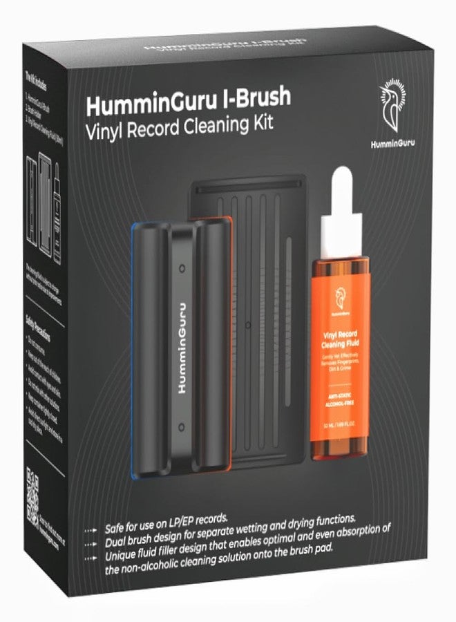 HumminGuru طقم تنظيف أسطوانات الفينيل HumminGuru I-Brush، طقم تنظيف أسطوانات مضاد للكهرباء الساكنة مع وسادتين مخمليتين وفرشاة تنظيف أسطوانات الفينيل + محلول تنظيف أسطوانات خالٍ من الكحول + حامل فرشاة أسطوانات الفينيل (فرشاة برتقالية I-Brush) - Image 1