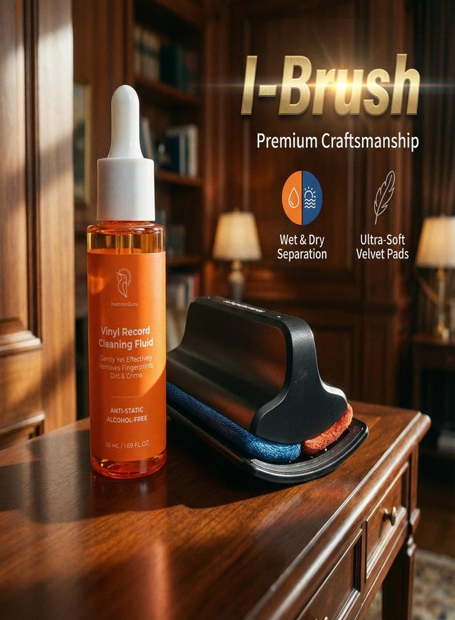 HumminGuru طقم تنظيف أسطوانات الفينيل HumminGuru I-Brush، طقم تنظيف أسطوانات مضاد للكهرباء الساكنة مع وسادتين مخمليتين وفرشاة تنظيف أسطوانات الفينيل + محلول تنظيف أسطوانات خالٍ من الكحول + حامل فرشاة أسطوانات الفينيل (فرشاة برتقالية I-Brush) - Image 2