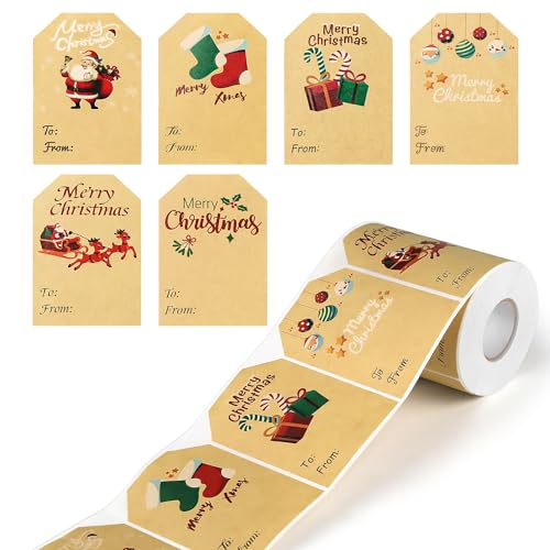 Yoget 250 PCS Chirstmas Gift Tags Xmas Kraft Gift Tags Stickers Name Labels Christmas Decorations 50x70mm 6 Designs - Image 2