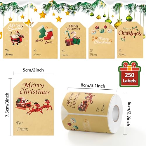 Yoget 250 PCS Chirstmas Gift Tags Xmas Kraft Gift Tags Stickers Name Labels Christmas Decorations 50x70mm 6 Designs - Image 5