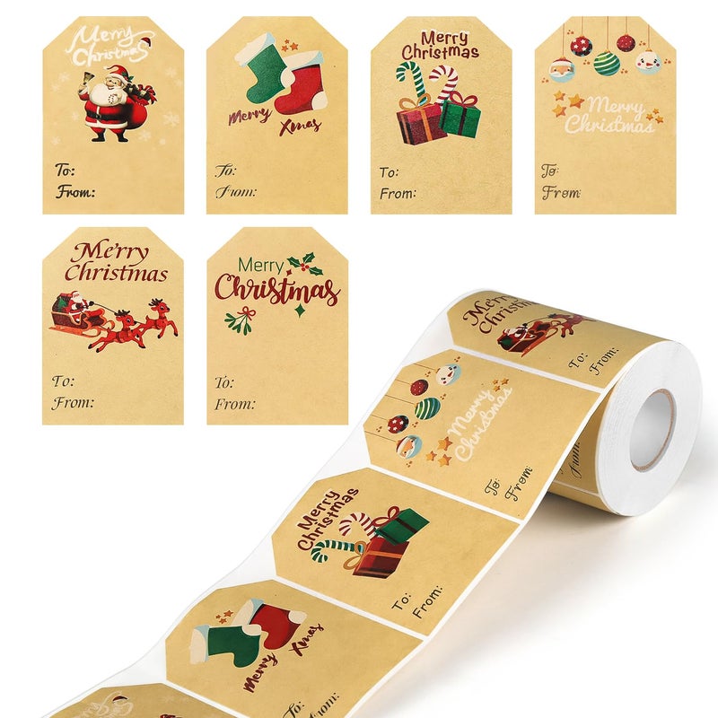 Yoget 250 PCS Chirstmas Gift Tags Xmas Kraft Gift Tags Stickers Name Labels Christmas Decorations 50x70mm 6 Designs - Image 1