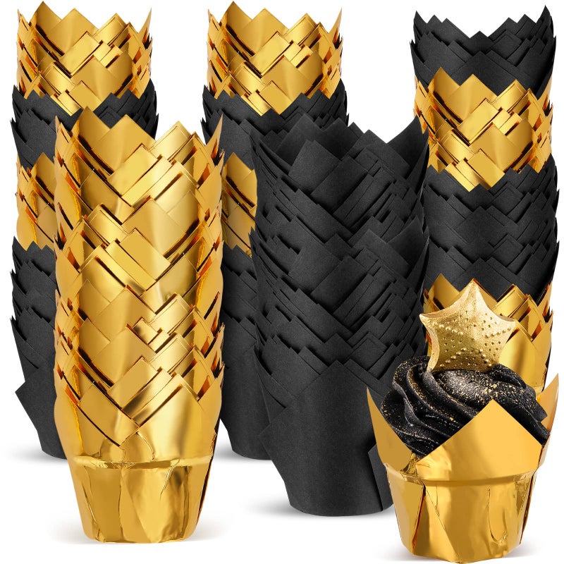 Queekay 160 Pcs Tulip Cupcake Liners for Baking Muffin Aluminum Foil Paper Baking Cups Disposable Cupcake Wrappers Greaseproof Muffin Liners for New Year Wedding Baby Shower Xmas GoldBlack