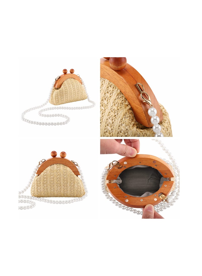 Excefore Straw Crossbody Handbag for Women, Mini Purse Rattan Wallet Bag Summer Beach Woven Pearl Straw Shoulder Bag Clutch - Image 5